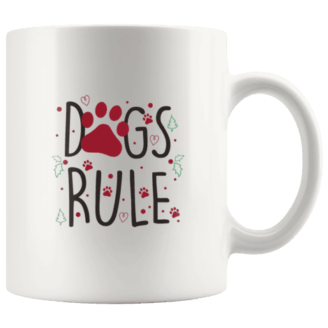 Dogs Rule Mug With Red Paw Print Christmas Trees