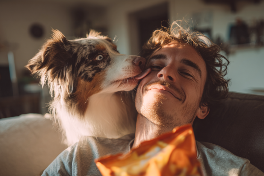 Dog kissing his owner