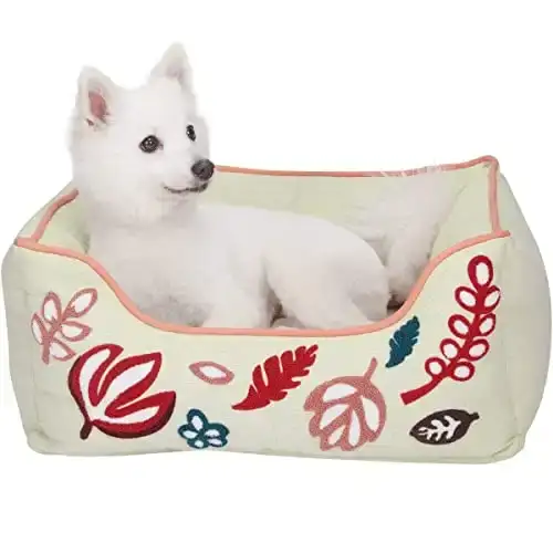 Blueberry Pet Fully Removable Washable Dog Bed, Heavy Duty Pet Bed w/Durable YKK Zippers, 25" x 21" x 10", 6 Lbs, Pink & Beige Embroidered Leaves Beds for Cats & Dogs