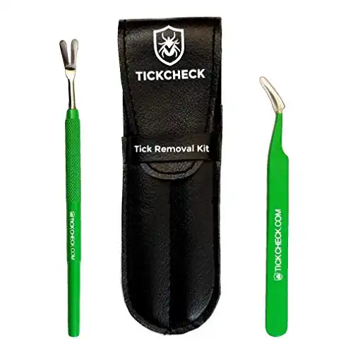 TickCheck Premium Tick Remover Kit - Stainless Steel Tick Remover + Tweezers, Leather Case, and Free Pocket Tick Identification Card (1 Set)