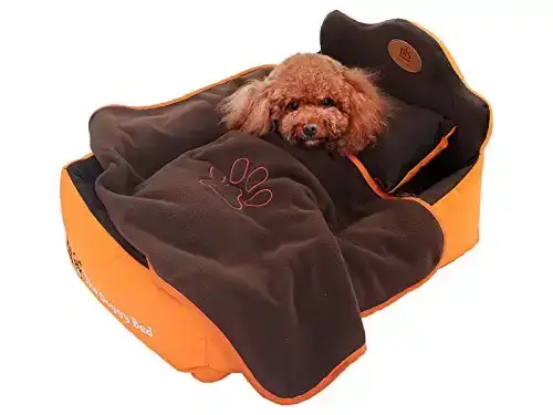 PLS Birdsong The Doggy Bed with Blanket, Small, Orange, Bolster Dog Bed for Small Dogs, Completely Washable