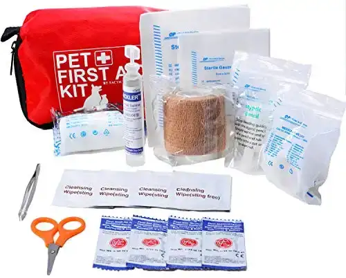 Pet First Aid Kit Dog Vet Approved and is Perfect for Bleeding Nails, Clean, Dress Wounds. Self Adhering Bandage Will Not Stick to Hair. Hiking Dog First Aid Kit for Backpacking, Camping, Travel