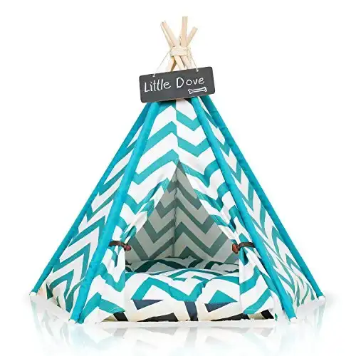 little dove Pet Teepee Dog(Puppy) & Cat Bed - Portable Pet Tents & Houses for Dog(Puppy) & Cat Blue Strip Style 28 Inch with Cushion