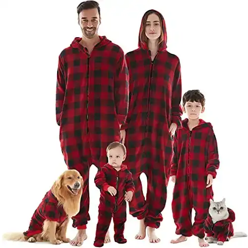 Dog Human Matching Christmas Pajamas, Printed Buffalo Plaid Onesie Hoodie Halloween Costumes for Dogs Cats Red Medium