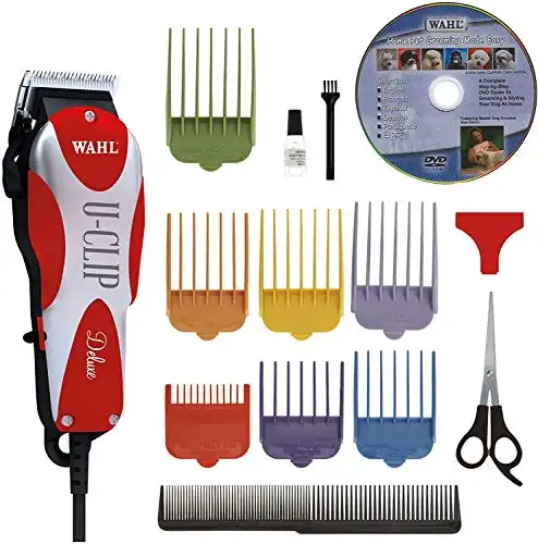 WAHL Professional Animal Deluxe U-Clip Pet, Dog, & Cat Clipper & Grooming Kit (9484-300), Red and Chrome