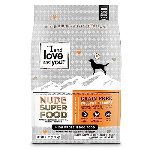 "I and love and you" Nude Superfood Dry Dog Food - Grain Free Kibble, Prebiotics & Probiotics, Turkey + Chicken, 23-Pound