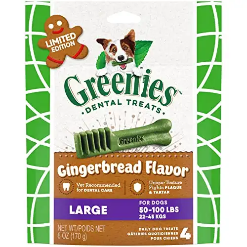 GREENIES Gingerbread Flavor Large Dental Dog Treats, 6 oz. Pack (4 Count), Great Holiday Dog Stocking Stuffers