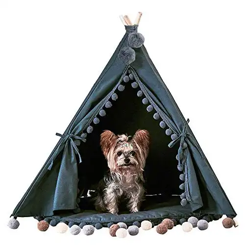 little dove Pet Teepee House Fold Away Pet Tent Furniture Cat Bed with Cushion 28 Inch Grey Pompom