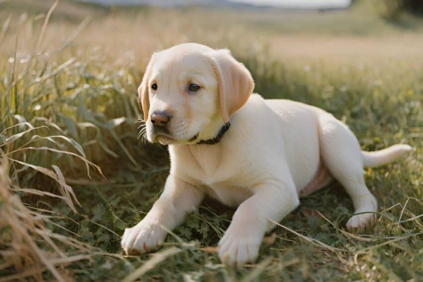 A cute yellow lab puppy getting ready to roll in the grass