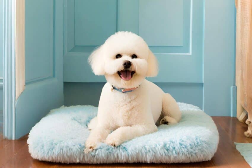 A cute white bichon frise dog sitting on a fluffy blue bed