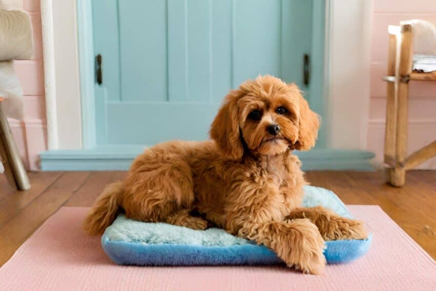 Cavapoochon dog sitting on a blue dog bed