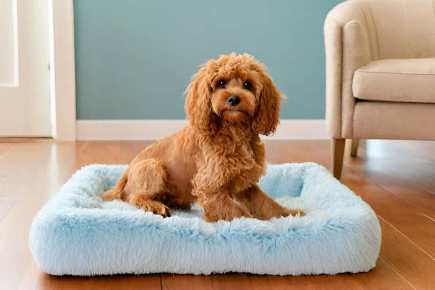 Cavapoochon dog sitting on a blue dog bed