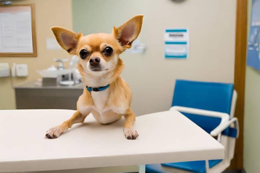 an anxious chihuahua sitting on a vet exam table