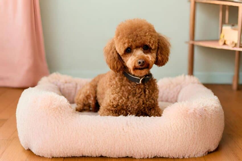 a cute brown toy poodle sitting on a fluffy pink dog bed