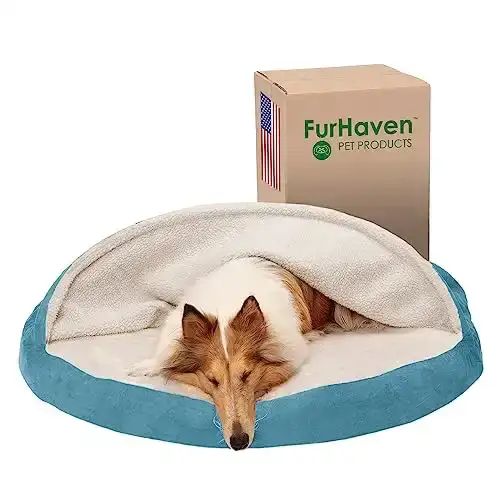 Furhaven 44" Round Orthopedic Dog Bed for Large Dogs w/ Removable Washable Cover, For Dogs Up to 80 lbs - Sherpa & Suede Snuggery - Blue, 44-inch