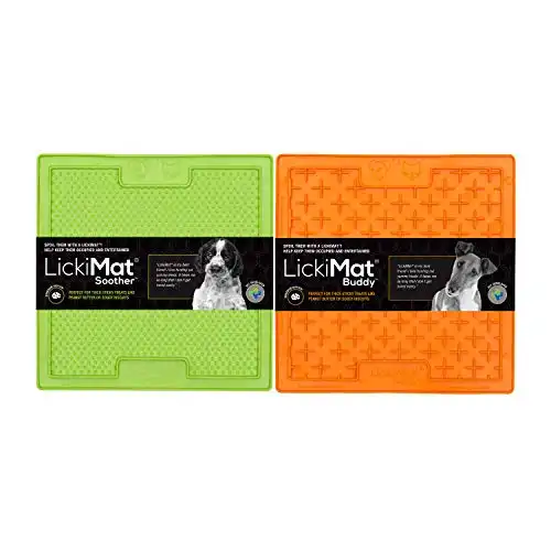 Lickimat Slow Feeder for Dogs, Boredom & Anxiety Reducer; for Food, Treats, Yogurt, or Peanut Butter. Fun Alternative to a Slow Feed Dog Bowl, 2-Pack Classic Dog Buddy & Soother, Green & O...