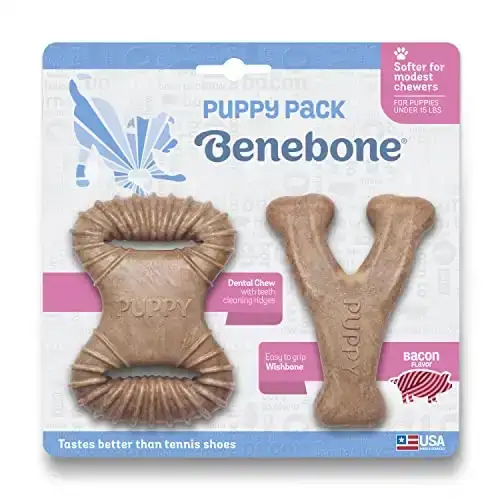 Benebone Puppy 2-Pack Dental Chew/Wishbone Dog Chew Toys, Made in USA, Real Bacon Flavor