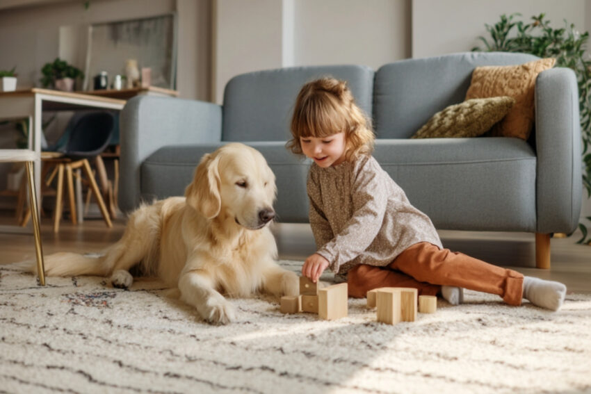 Golden Retriever playing with child