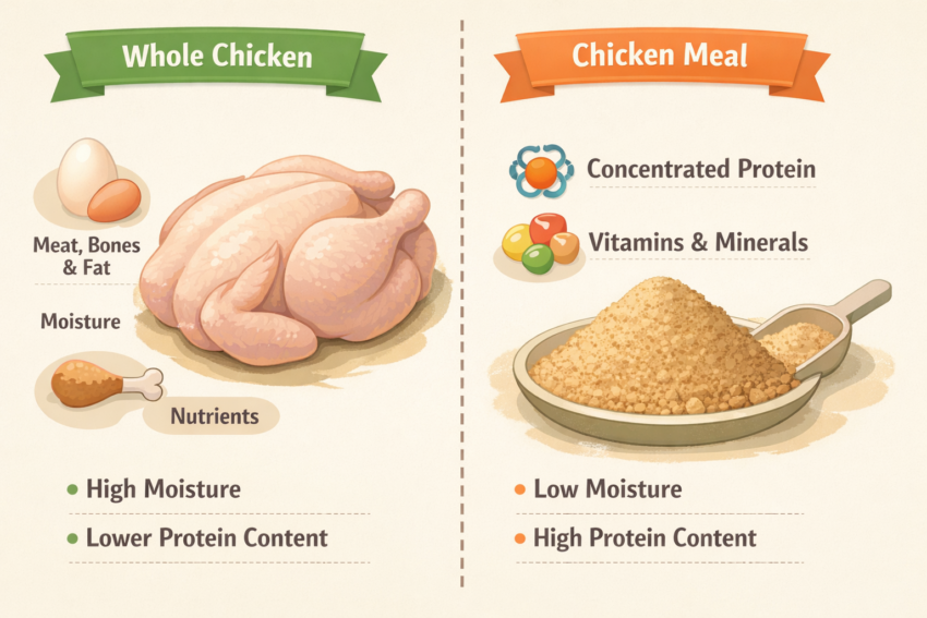 side-by-side view of chicken meal vs whole chicken
