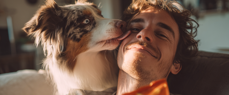 Dog kissing his owner
