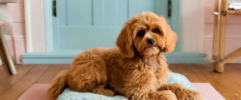 Cavapoochon dog sitting on a blue dog bed